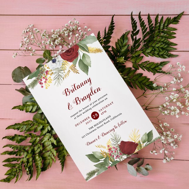 Elegant Red Gold Floral Script All in One Wedding Invitation (Creator Uploaded)
