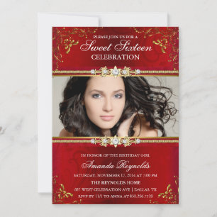 Elegant Red & Gold Floral Sweet Sixteen Invite