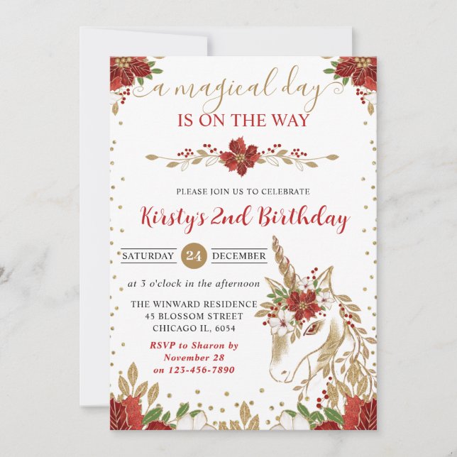 Elegant Red & Gold Floral Unicorn Birthday Party Invitation (Front)