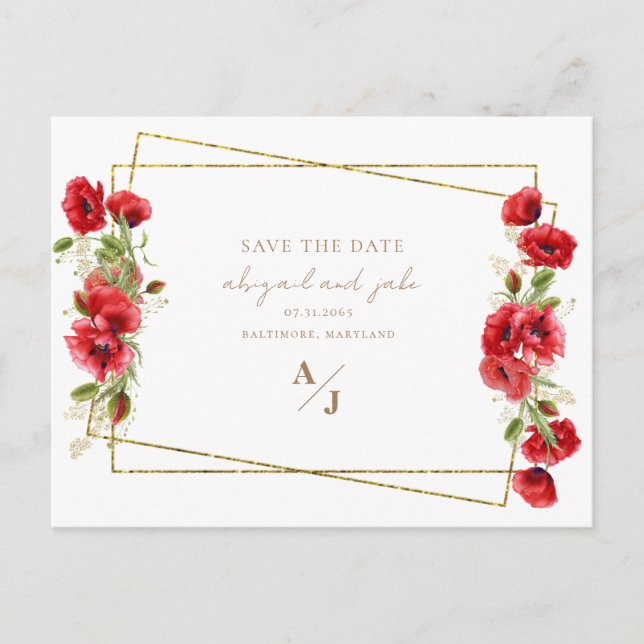 Elegant Red & Gold Floral Wedding Save the Date Postcard (Front)