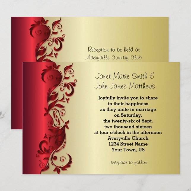 Elegant Red & Gold Florid Wedding Design Invitation (Front/Back)
