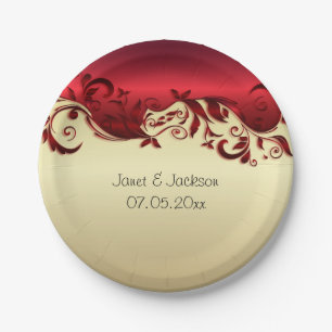 Elegant Red & Gold Florid Wedding Design Paper Plate