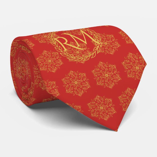 Elegant red gold flourishes exclusive monogrammed tie (Rolled)