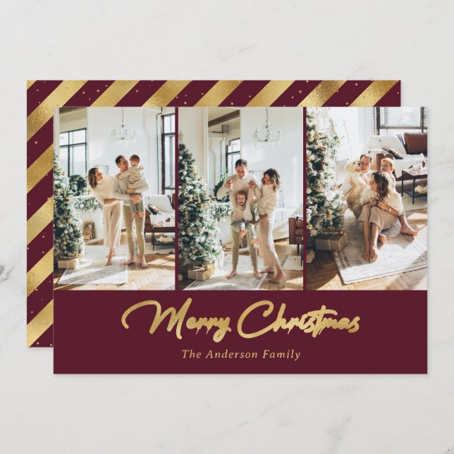 Elegant Red Gold Foil Photo Merry Christmas Holiday Card (Front/Back)
