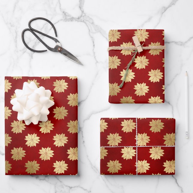 Elegant red gold foil poinsettias floral pattern wrapping paper sheet (Front)