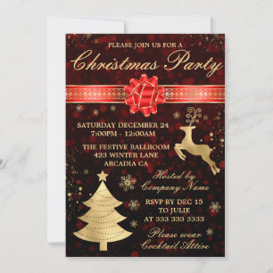 Elegant Red & Gold Foil Ribbon Christmas Party Invitation