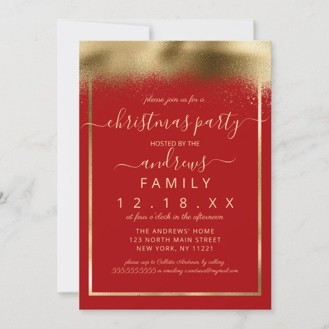Elegant Red Gold Foil Sprayed Confetti Christmas Invitation (Front)