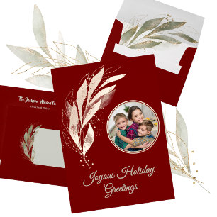 Elegant Red Gold Foil Watercolor Holiday Photo