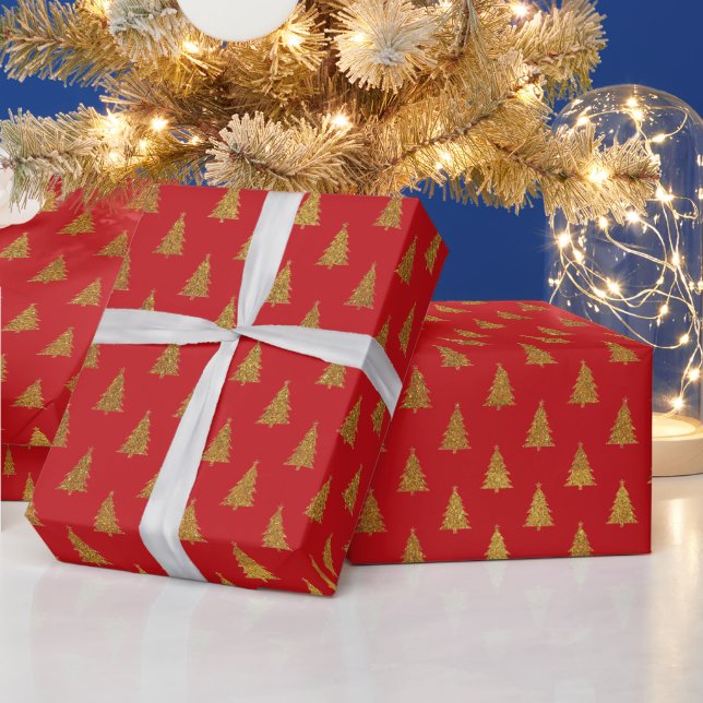 Elegant red gold glitter Christmas trees pattern Wrapping Paper (Holidays)