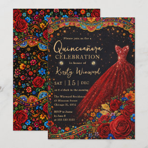 Elegant Red Gold Glitter Dress Quinceanera Invitation