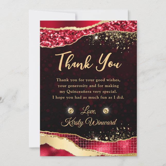 Elegant Red & Gold Glitter Glam Tears Quinceanera Thank You Card (Front)