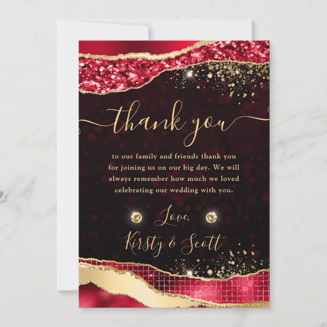 Elegant Red & Gold Glitter Glam Tears Wedding Thank You Card (Front)