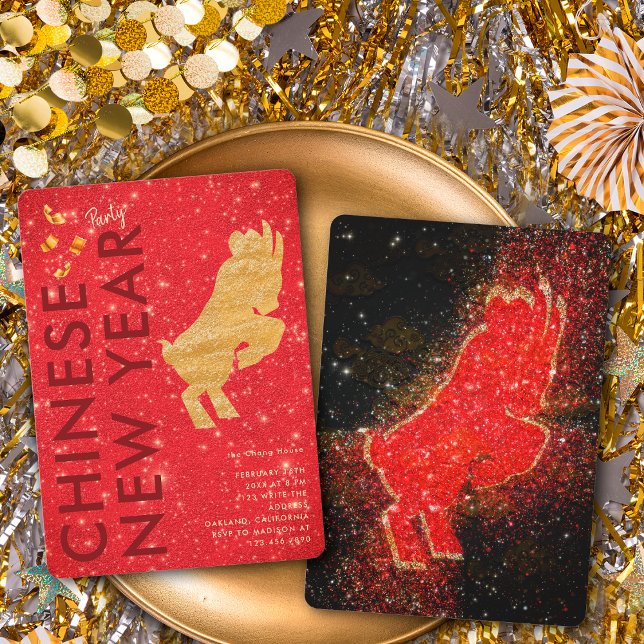 Elegant Red Gold Glitter Goat Lunar New Year Party Invitation (Creator Uploaded)