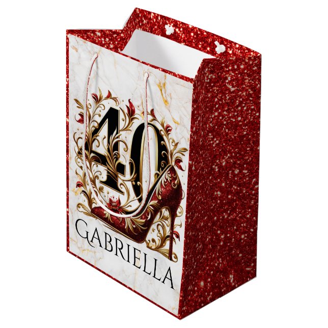 Elegant Red & Gold Glitter High Heel 40th Birthday Medium Gift Bag (Back Angled)
