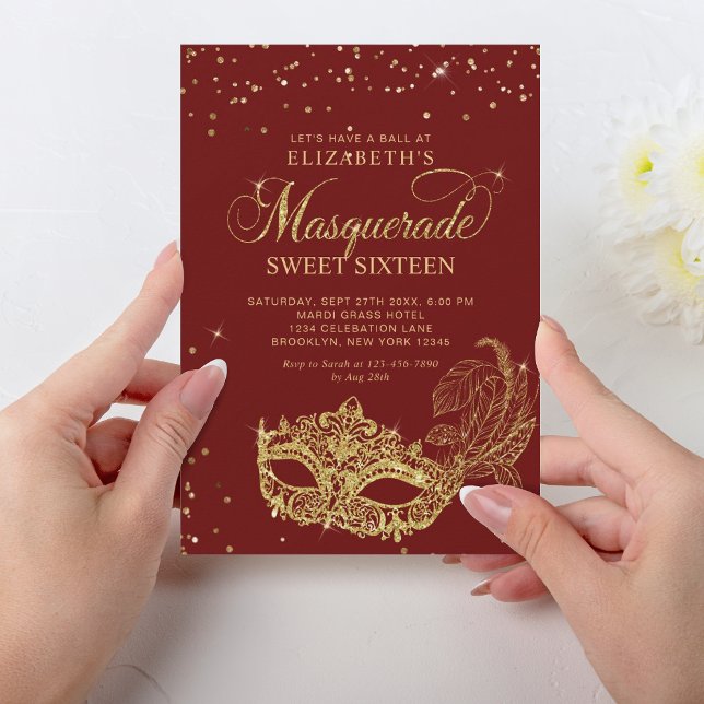 Elegant Red Gold Glitter Masquerade Sweet 16 Invitation (Creator Uploaded)