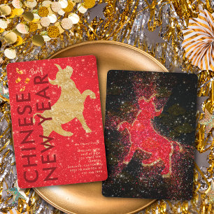 Elegant Red Gold Glitter Ox Lunar New Year Party Invitation