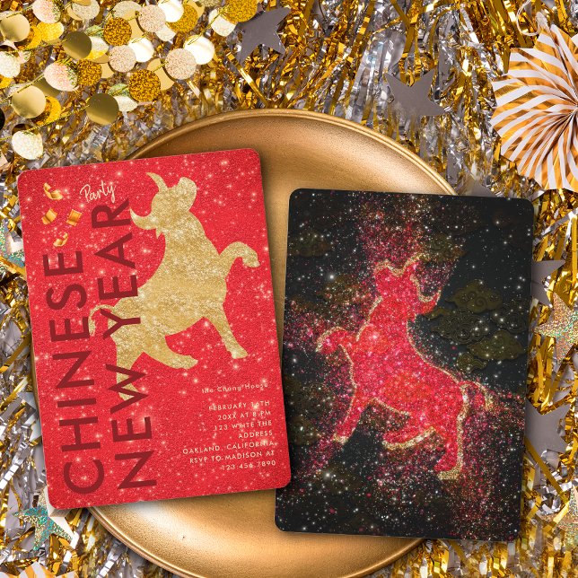 Elegant Red Gold Glitter Ox Lunar New Year Party Invitation (Creator Uploaded)