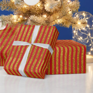 Elegant red gold glitter stripe pattern festive wrapping paper