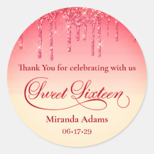 Elegant Red Gold Glitter Sweet Sixteen Birthday Classic Round Sticker
