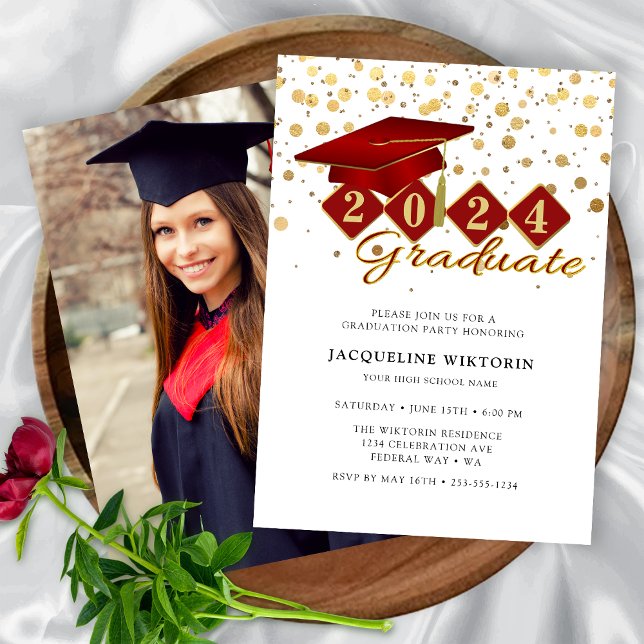 Elegant Red Gold Graduation Photo Party Invitation (Elegant Red Gold Graduation Photo Party Invitation)