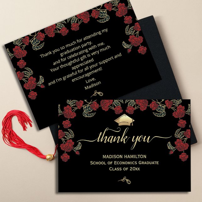 Elegant Red Gold Graduation Thank You Card ("Make every 'thank you' a work of art! Our gorgeous graduation thank you cards feature a stunning)