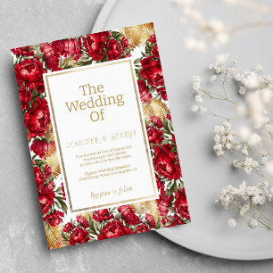 Elegant red gold green peonies floral wedding invitation