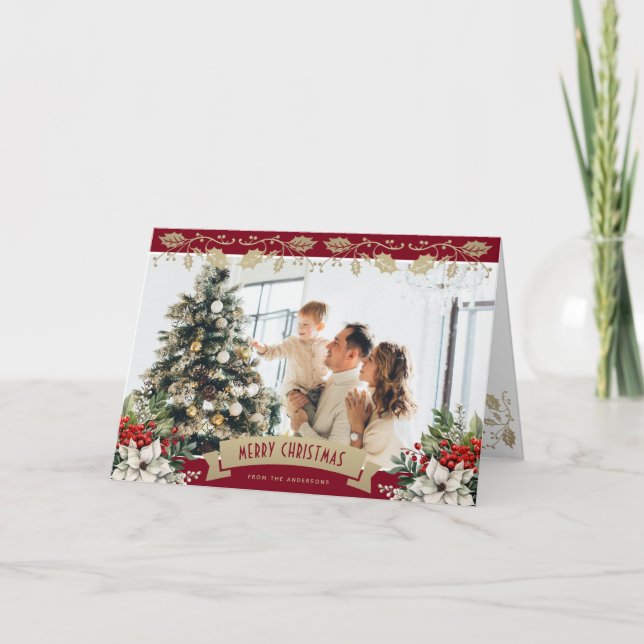 Elegant Red Gold Holly Poinsettia Photo Christmas Holiday Card (Front)