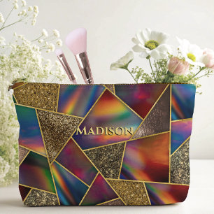 Elegant red gold holographic geometric accessory pouch