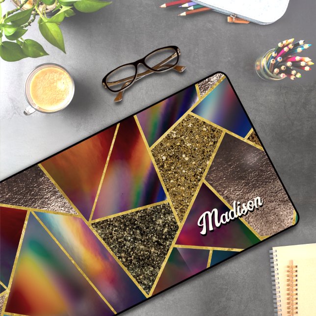 Elegant red gold holographic geometric desk mat (Creator Uploaded)