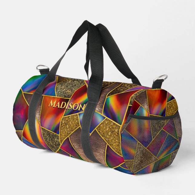 Elegant red gold holographic geometric duffle bag (Right Corner)