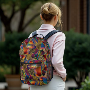 Elegant red gold holographic geometric printed backpack
