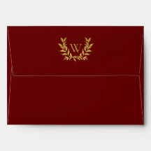 Elegant Red Gold Leaf Monogram Modern Wedding