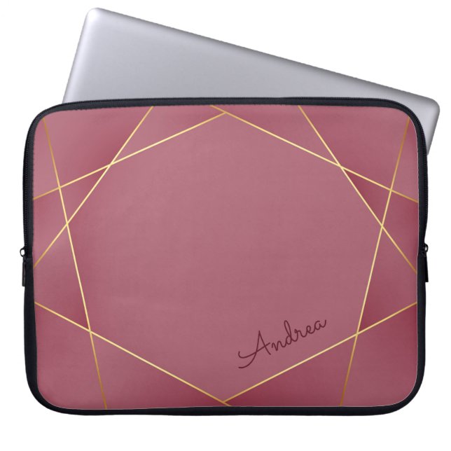 Elegant Red & Gold Lines with Custom Name Laptop Sleeve (Front)