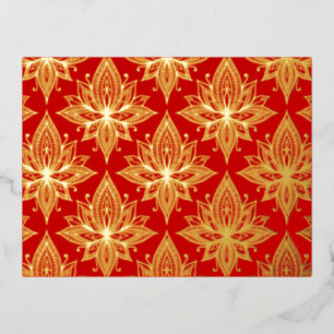 Elegant Red Gold Lotus Flower Foil Holiday Postcard