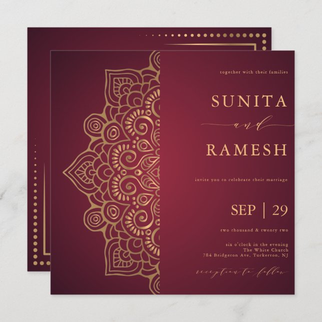 Elegant Red & Gold Mandala Ethnic Indian Wedding Invitation (Front/Back)