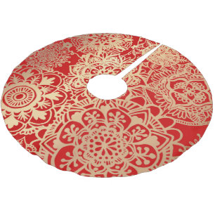 Elegant Red Gold Mandala Pattern Brushed Polyester Tree Skirt