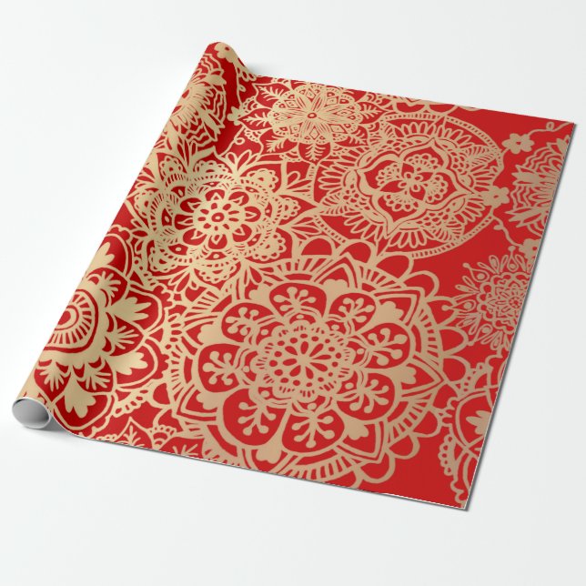 Elegant Red Gold Mandala Pattern Wrapping Paper (Unrolled)