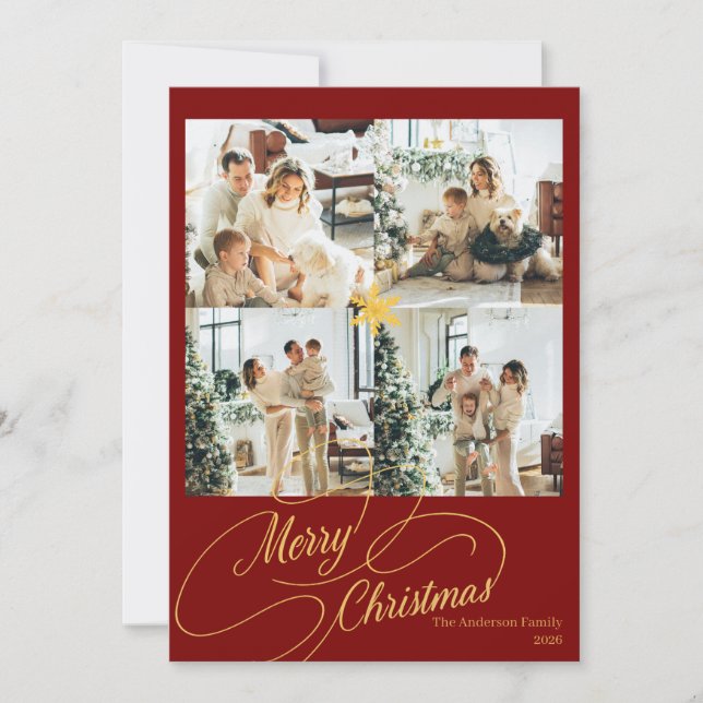 Elegant Red & Gold Merry Christmas Family Photo -  Holiday Card (Front)