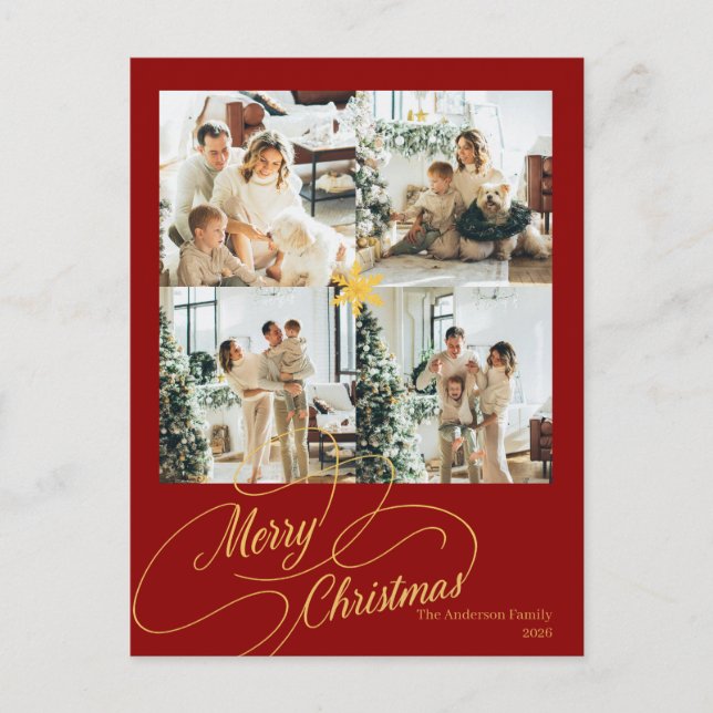 Elegant Red & Gold Merry Christmas Family Photo -  Holiday Postcard (Front)