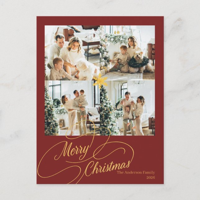 Elegant Red & Gold Merry Christmas Family Photo -  Holiday Postcard (Front)