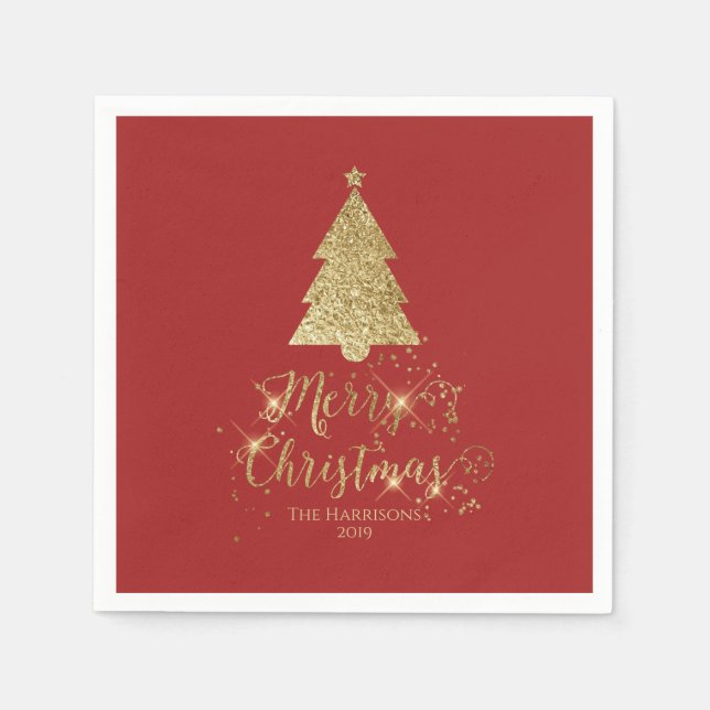 Elegant Red Gold Merry Christmas Sparkle Napkin (Front)