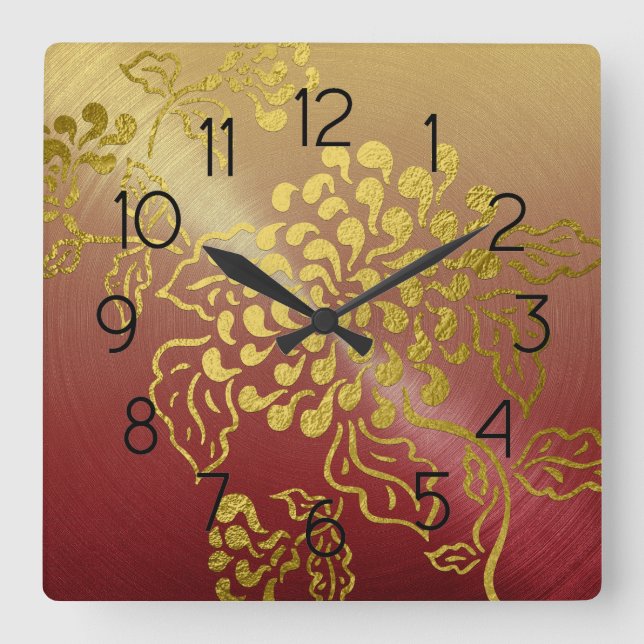 Elegant Red Gold Metal Sheen Gold Chrysanthemum Square Wall Clock (Front)