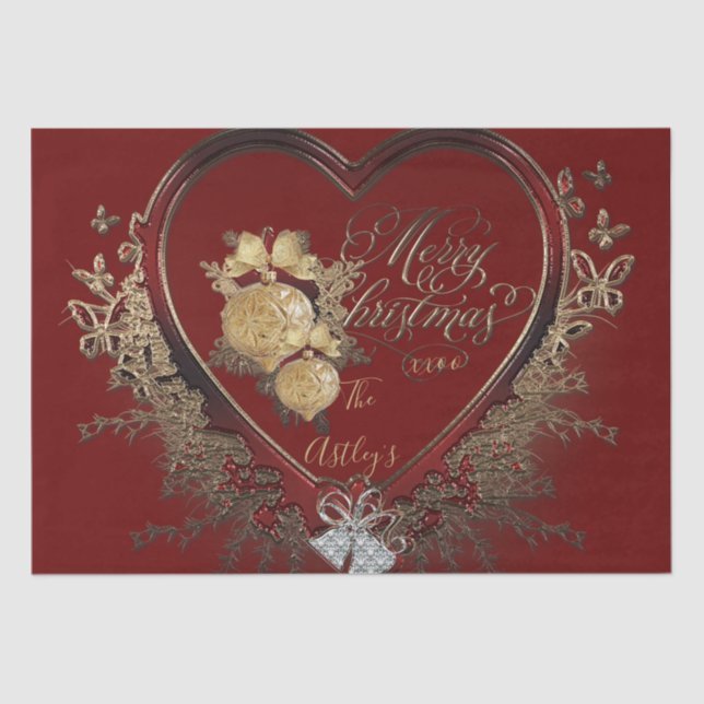 Elegant Red-Gold Modern Victorian Heart Christmas Tissue Paper (Front)