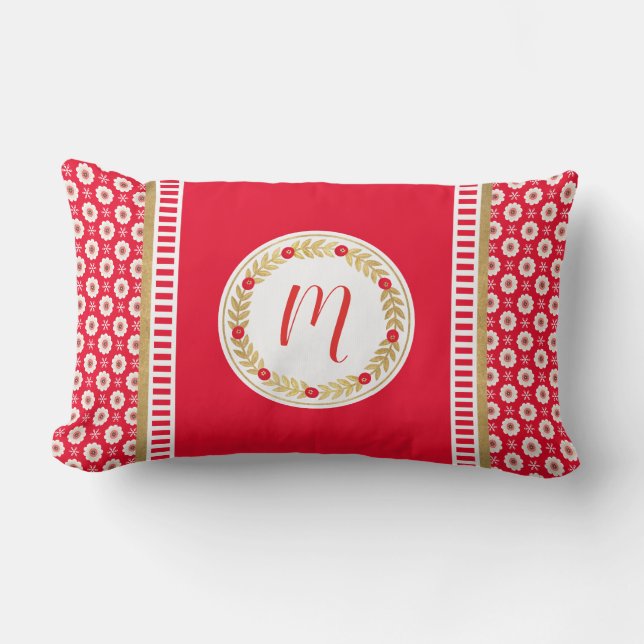 Elegant Red Gold Monogram Lumbar Cushion (Front)