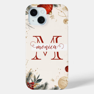 Elegant Red Gold Monogram Name Custom iPhone 15 Case