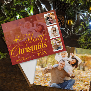Elegant Red & Gold Multi Photo Classic Christmas Holiday Postcard