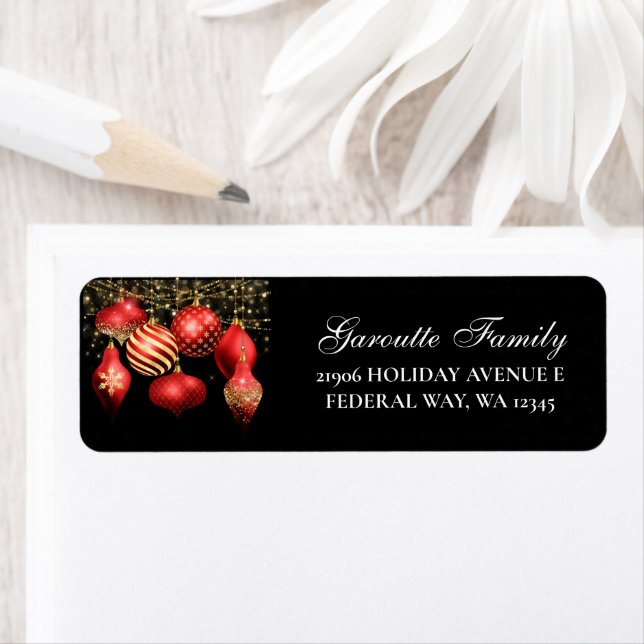 Elegant Red Gold Ornament Christmas Return Address Label (Insitu)