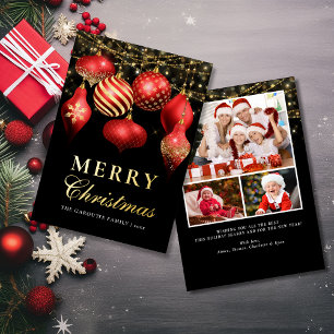 Elegant Red & Gold Ornaments Christmas 3 Photo  Foil Holiday Card