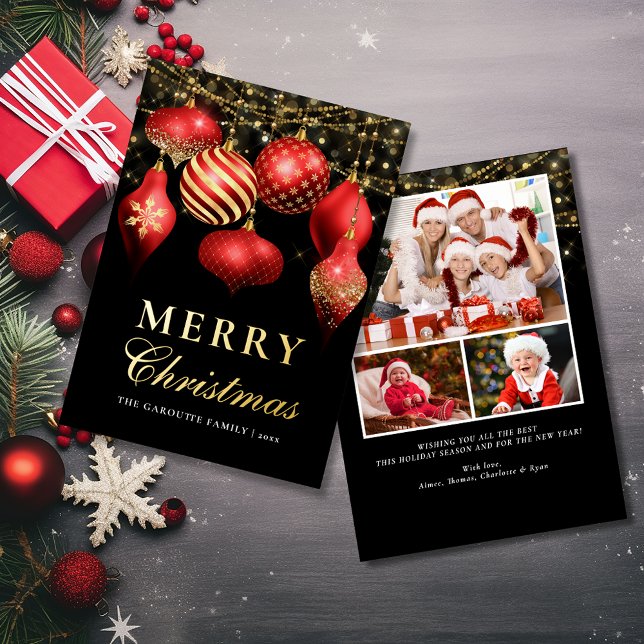 Elegant Red Gold Ornaments Christmas Photo Foil Holiday Card (Elegant Red Gold Ornaments Christmas Photo Foil Holiday Card)