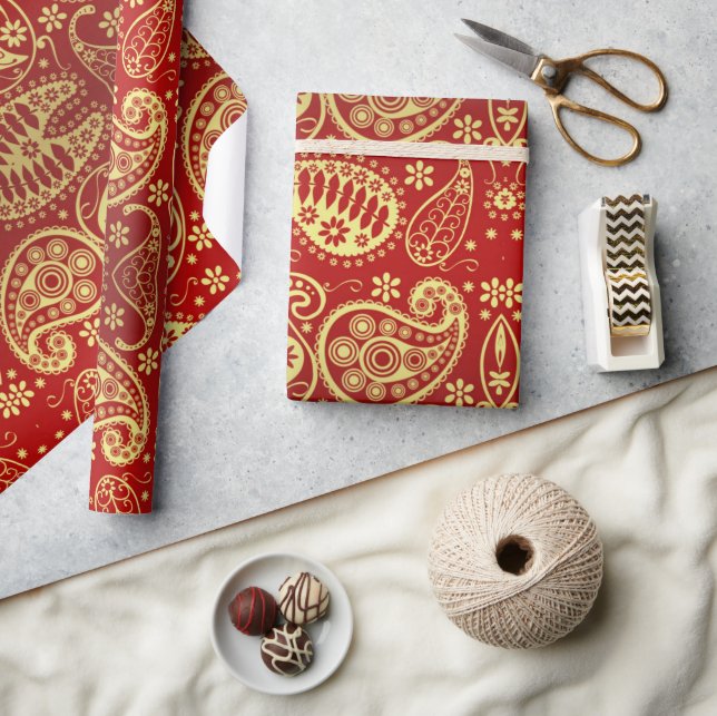 Elegant Red Gold Paisley Pattern Christmas Holiday Wrapping Paper (Crafts)